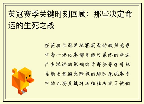 英冠赛季关键时刻回顾：那些决定命运的生死之战