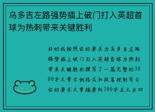 乌多吉左路强势插上破门打入英超首球为热刺带来关键胜利