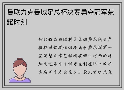 曼联力克曼城足总杯决赛勇夺冠军荣耀时刻